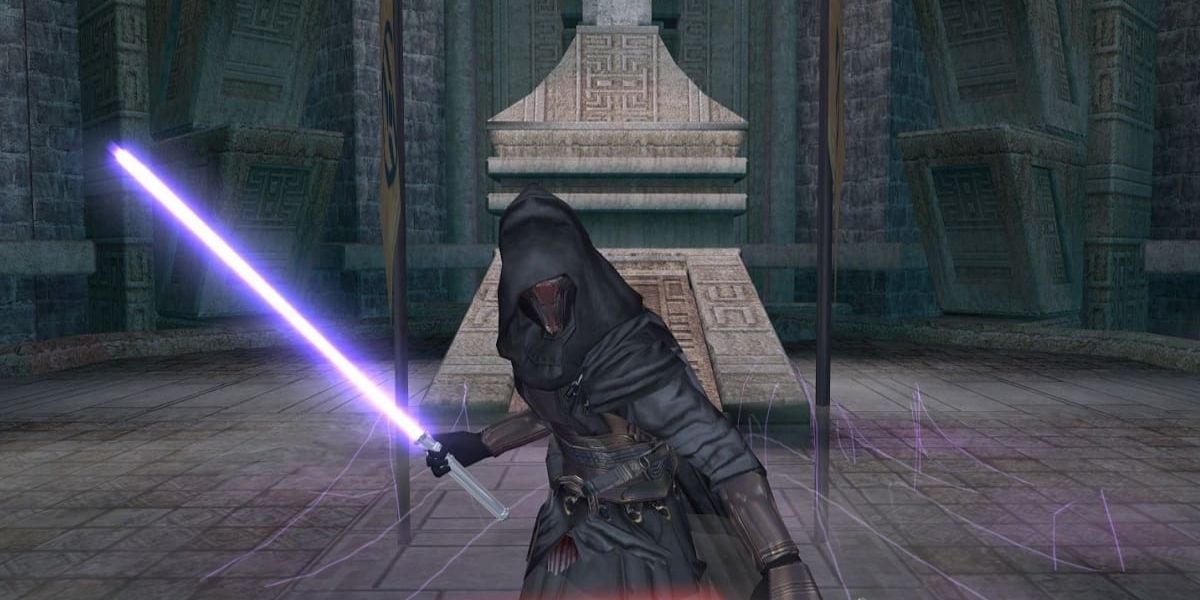 Darth Revan wearing their Sith robes and holding a purple lightsaber in Star Wars: Knights of the Old Republic.