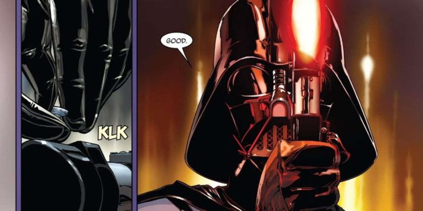 Darth Vader constructs his new, red, Sith lightsaber in the Darth Vader comic