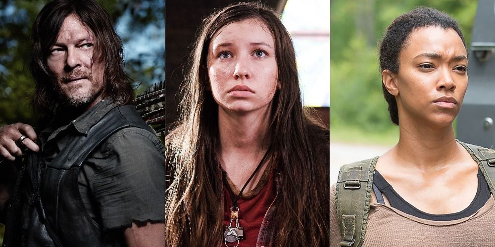 A split image of Daryl, Enid and Sasha in The Walking Dead