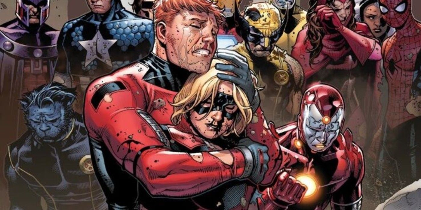 Scott holds a dying Cassie Lang as a plethora of Marvel's heroes look on in mourning.