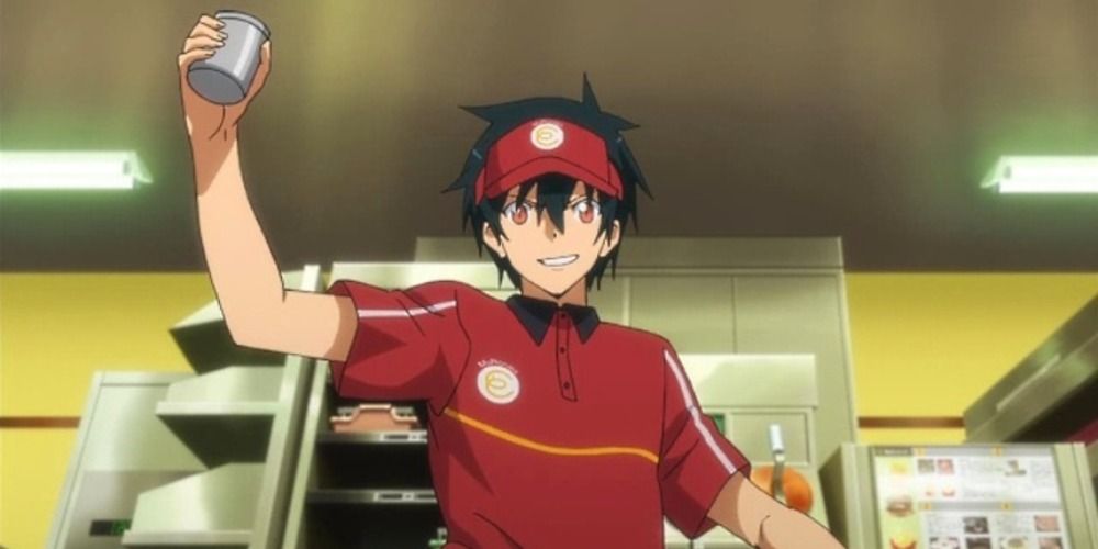 Devil King Sadao in The Devil is a Part Timer dressed as a McDonalds employee in a red shirt