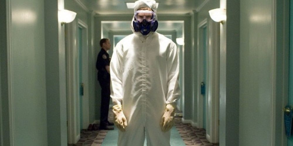 Dexter wears a hazmat suit