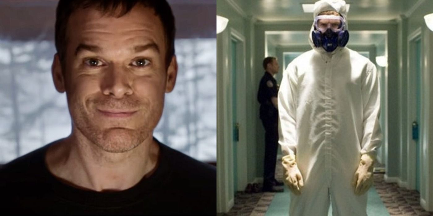 Split image: Dexter smiles in a mirror/ Dexter in a hazmat suit