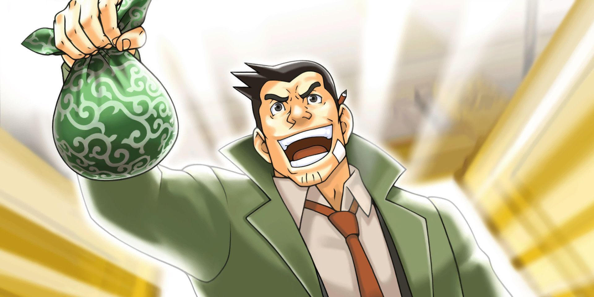Dick Gumshoe holding up a bag of evidence in Ace Attorney.