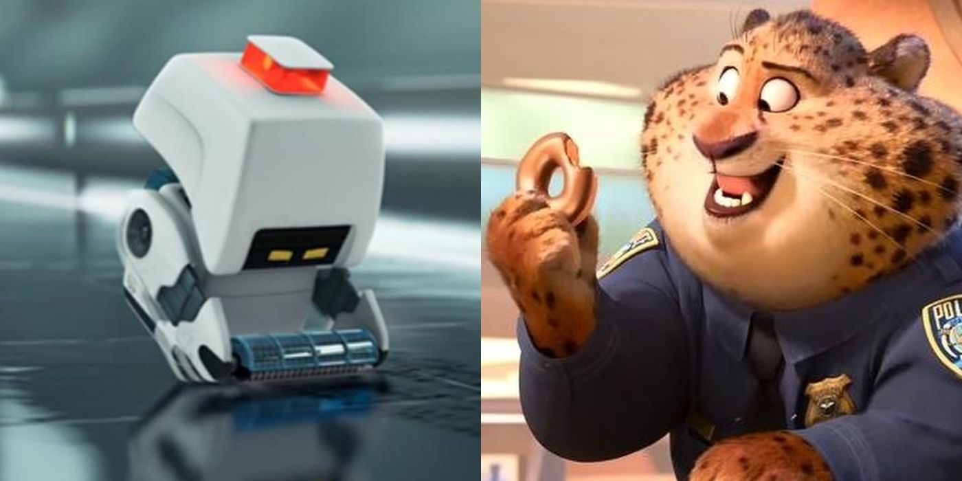 Split image of MO from WALL-E and Clawhauser from Zootopia