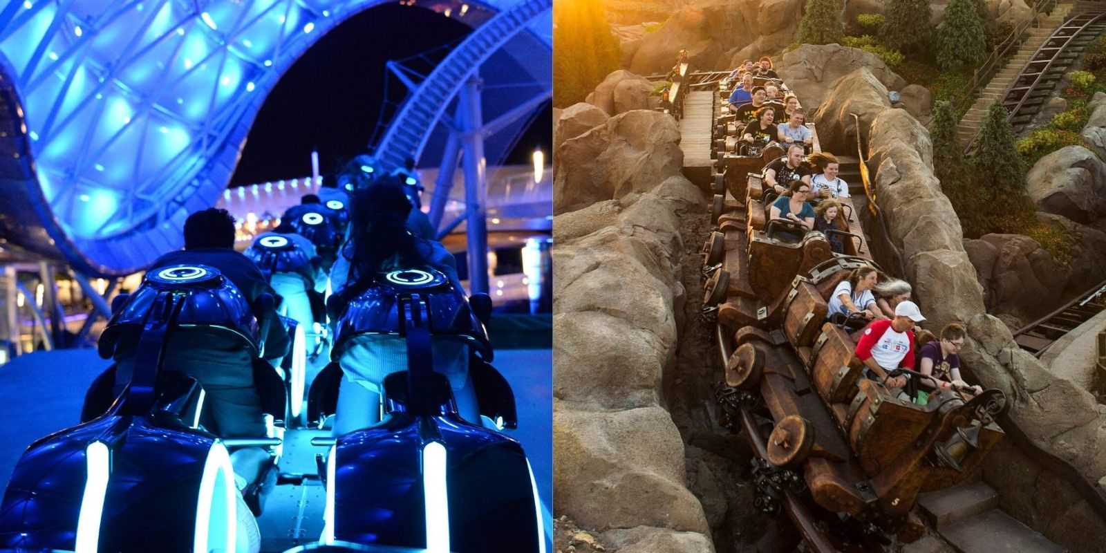 Split image of themed rollercoasters at Disney parks.