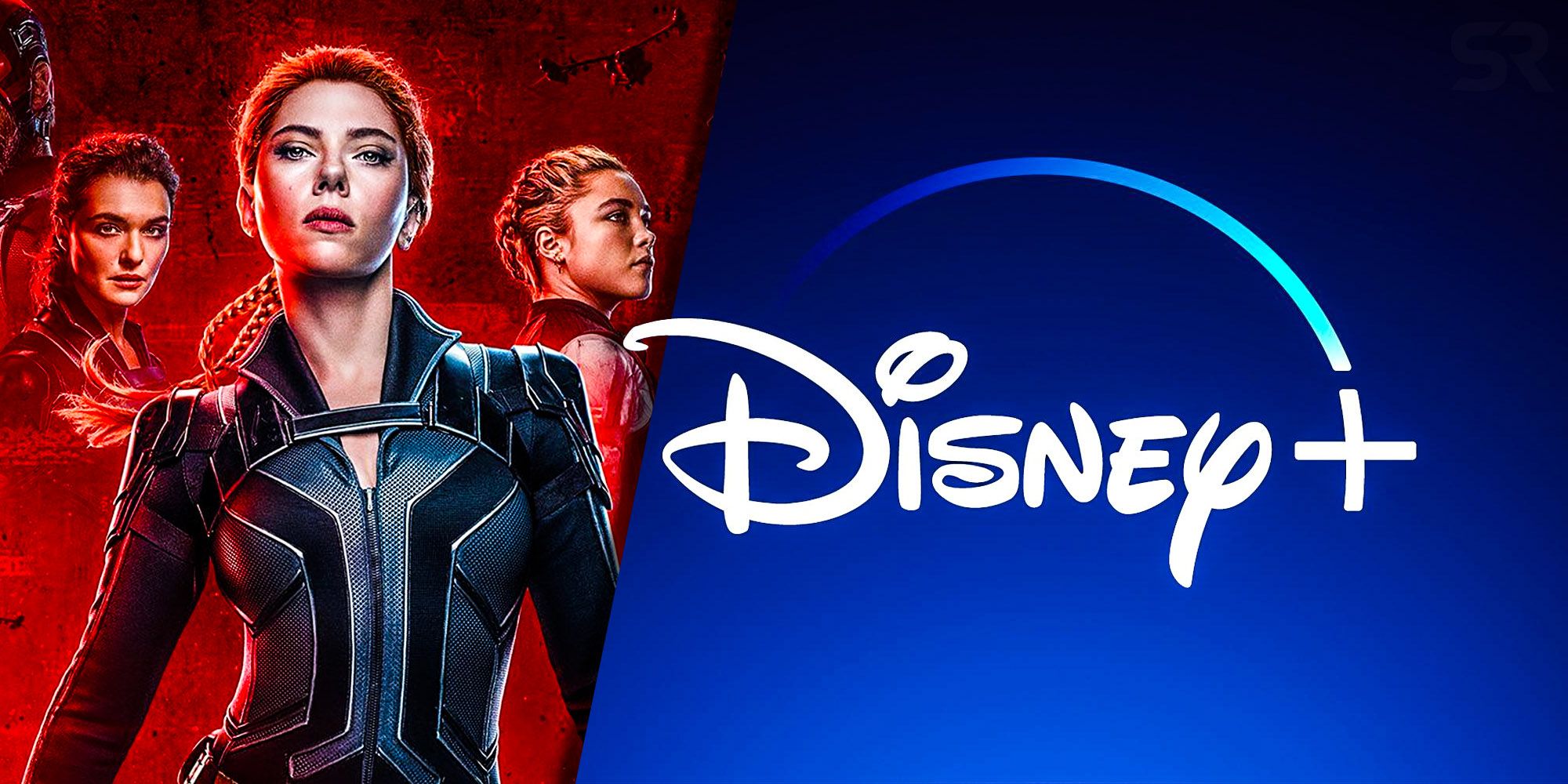 Split image showing a poster for Black Widow and the Disney+ logo