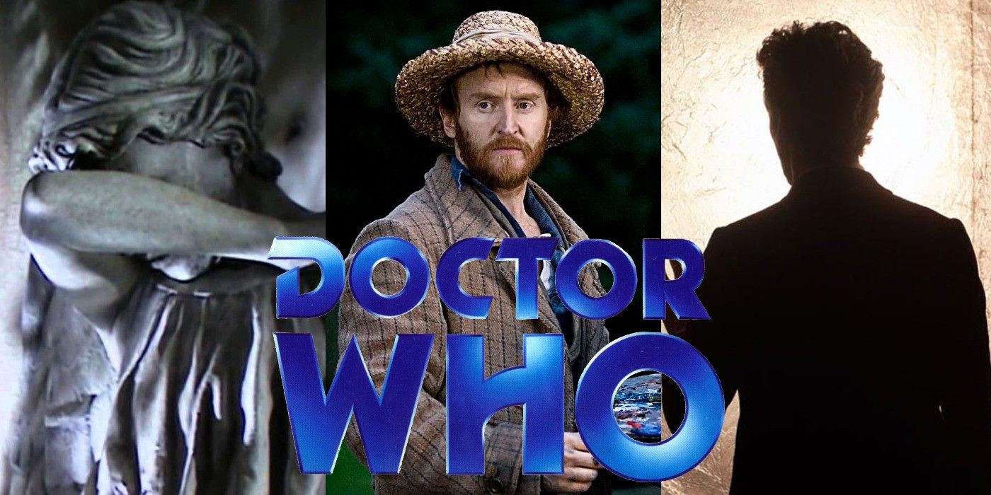 Split image of a Weeping Angel, Van Gogh and The Doctor in Doctor Who with the show's logo on top