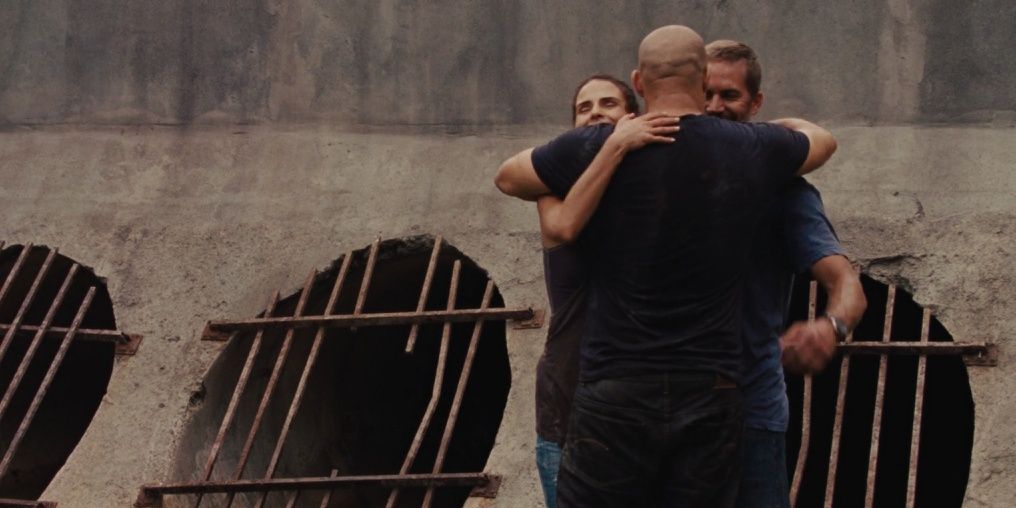 Dom hugs Brian and Mia in Fast Five
