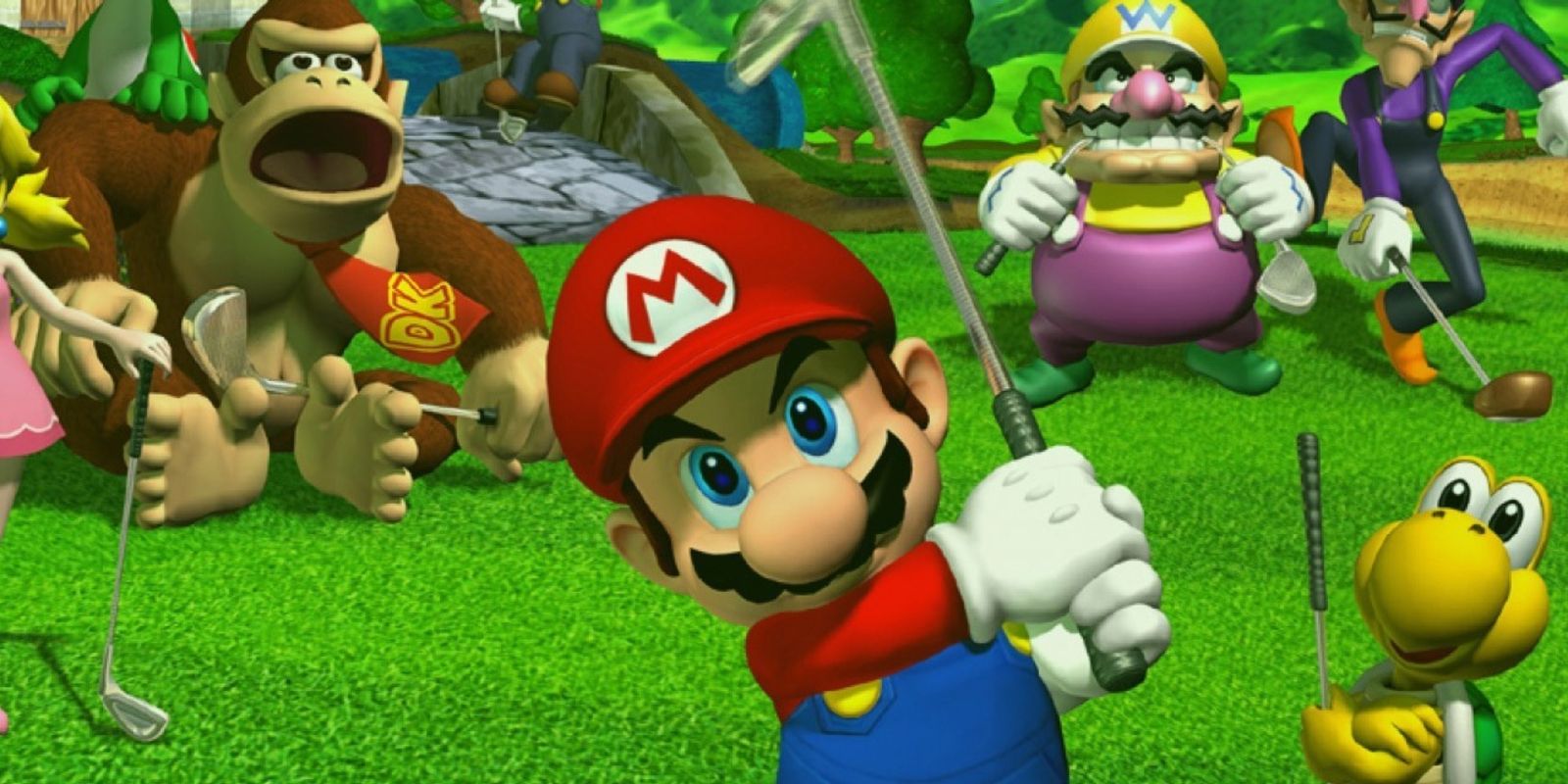 Donkey Kong, Wario, Waluigi, and Koopa reacting to Mario's hit in Mario Golf Advance Tour