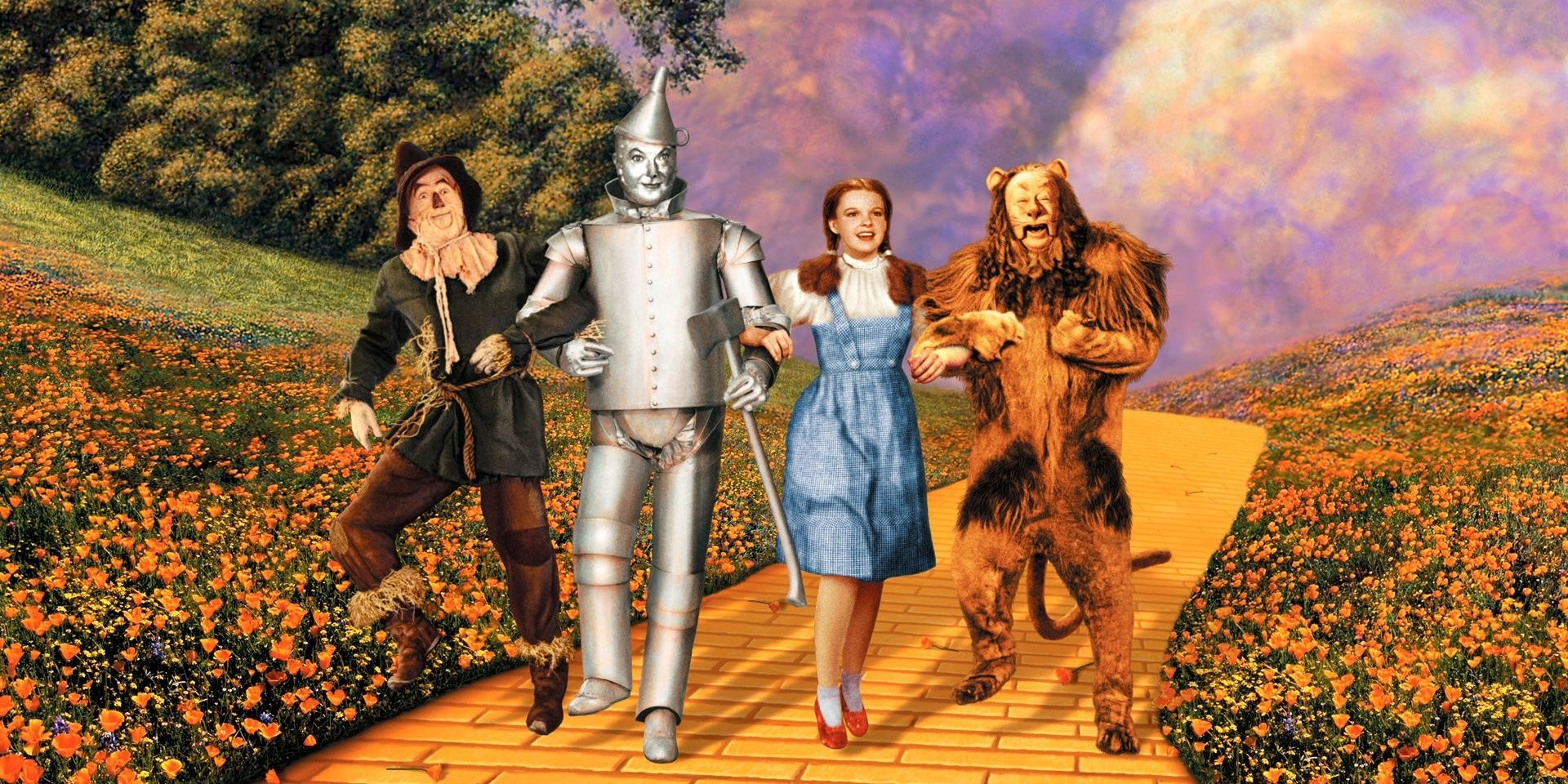 Dorothy, Scarecrow, Tin Man, Cowardly Lion on the yellow brick road in The Wizard of Oz