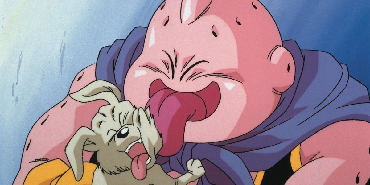 Majin Buu smiles while licking his dog, Bee, in Dragon Ball