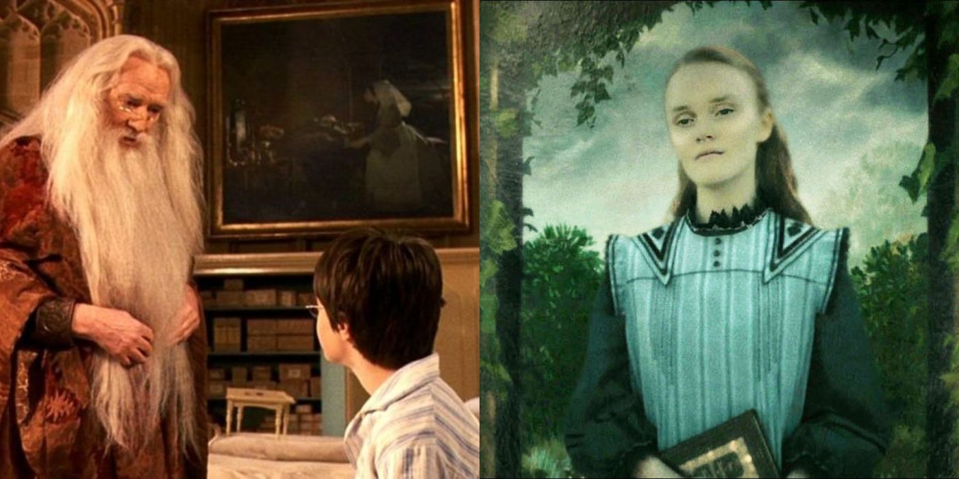Dumbledore talking to Harry next to image of Ariana from Harry Potter