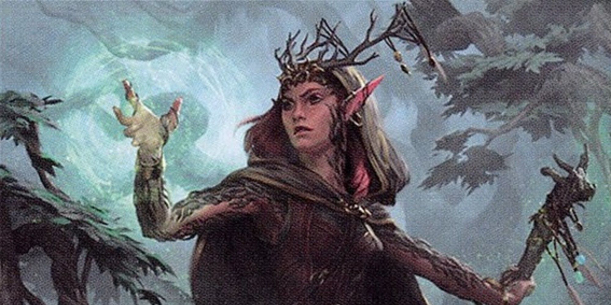 A Circle of Stars D&D druid, wearing an antler-like headpiece and casting magic with a green aura in one hand.