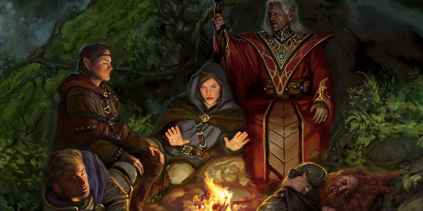 Dungeons and Dragons characters gather around a fire in the woods