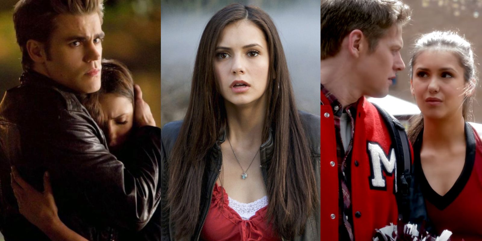 Split image of Elena and Stefan, Elena, and Elena and Matt from The Vampire Diaries