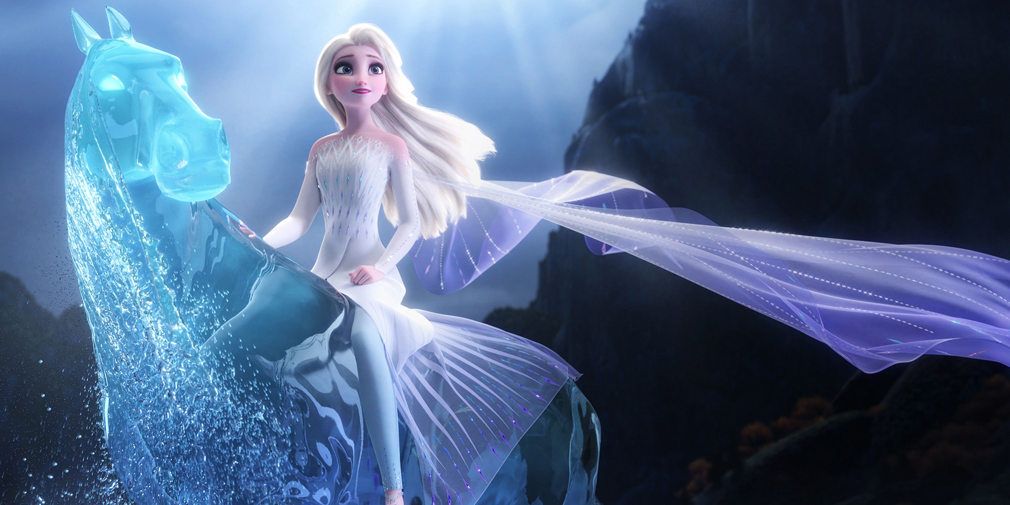 Elsa riding a water horse in Frozen II