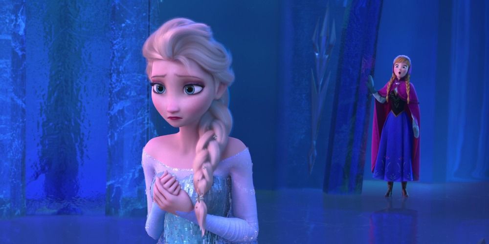 Elsa and Anna from Frozen inside Elsa's ice palace, Elsa looks worried, Anna is singing