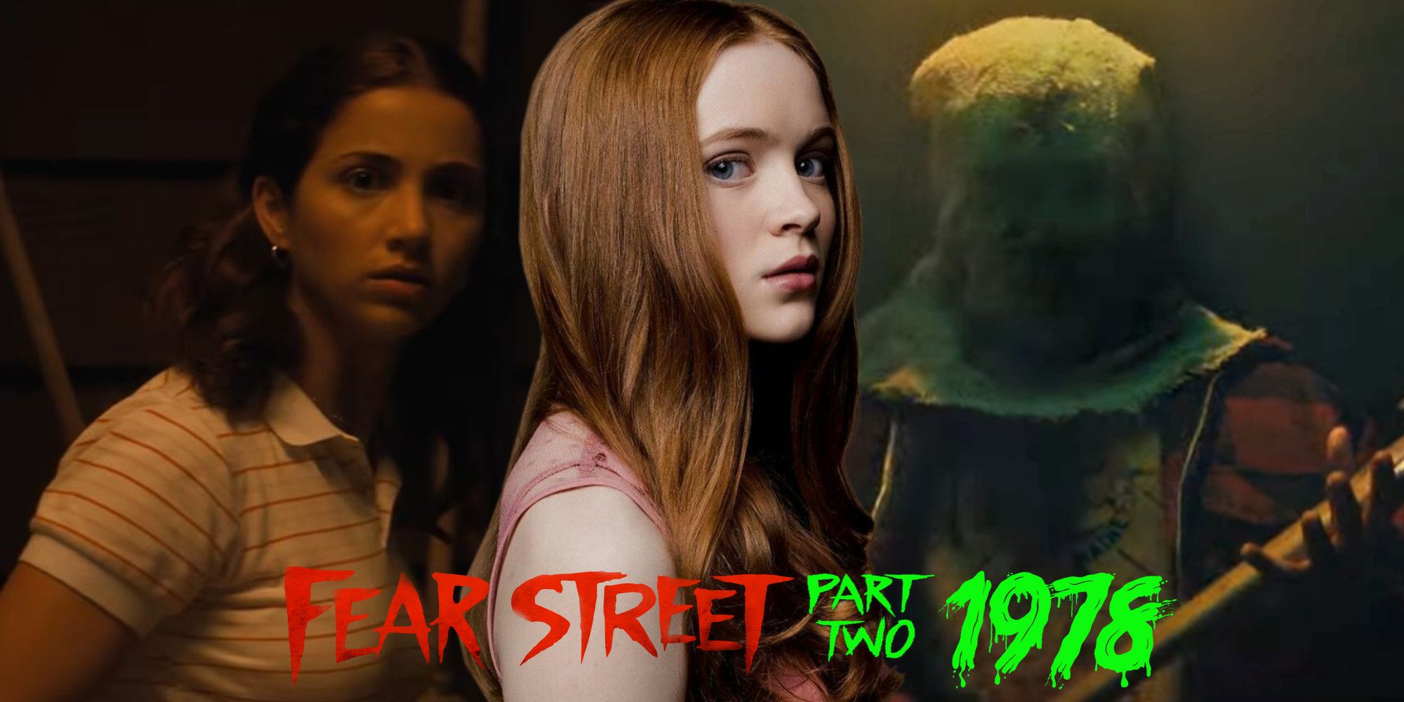 Emily Rudd as Cindy, Sadie Sink as Ziggy, and The Nightwing Killer in Fear Street Part 2 1978