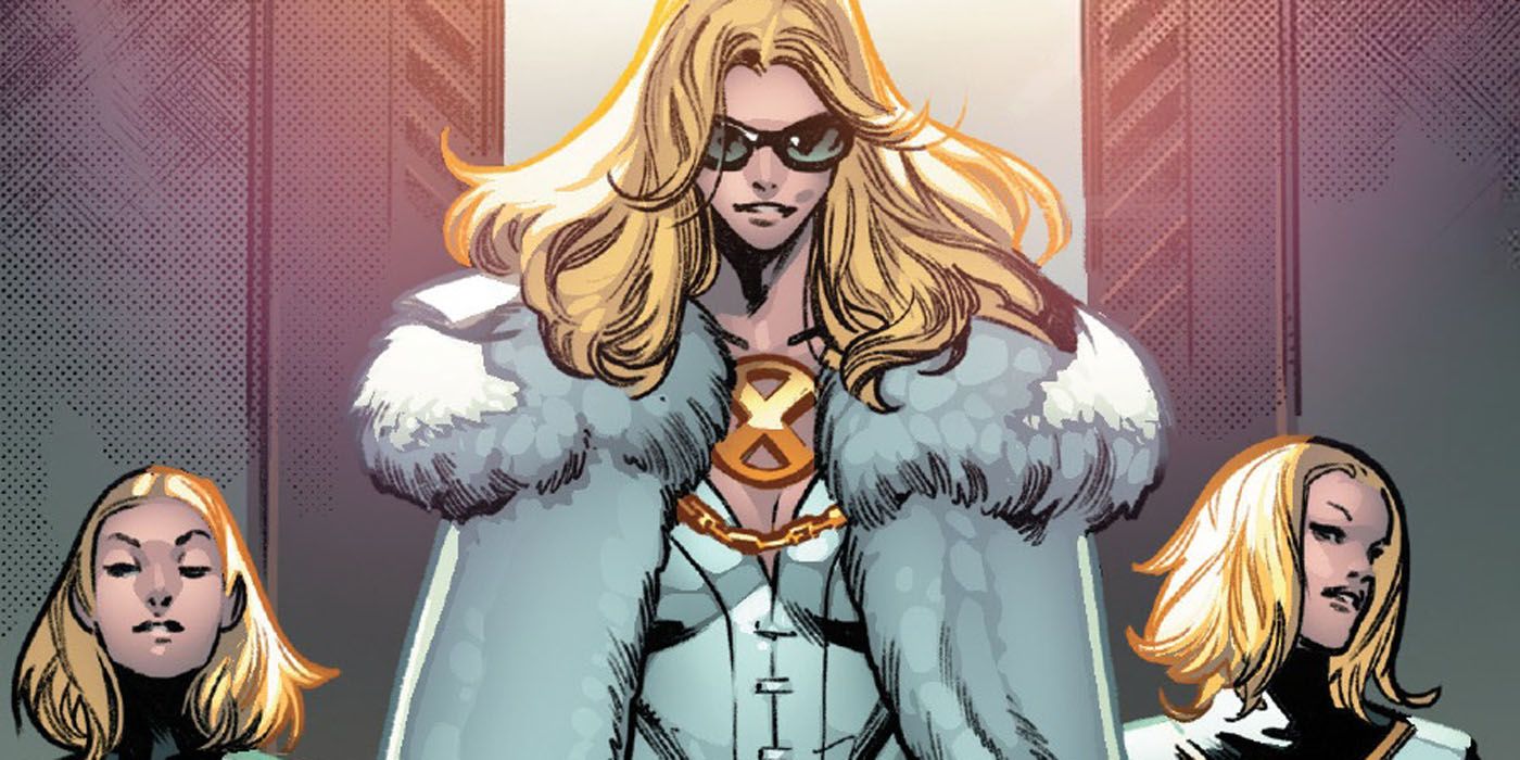 Emma Frost walking into the room as the Stepford Cuckoos stand beside her in Marvel Comics.
