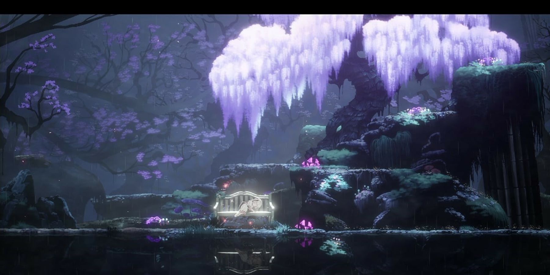 The main character is sleeping on a bench with a dark fantasy background in Ender Lilies.