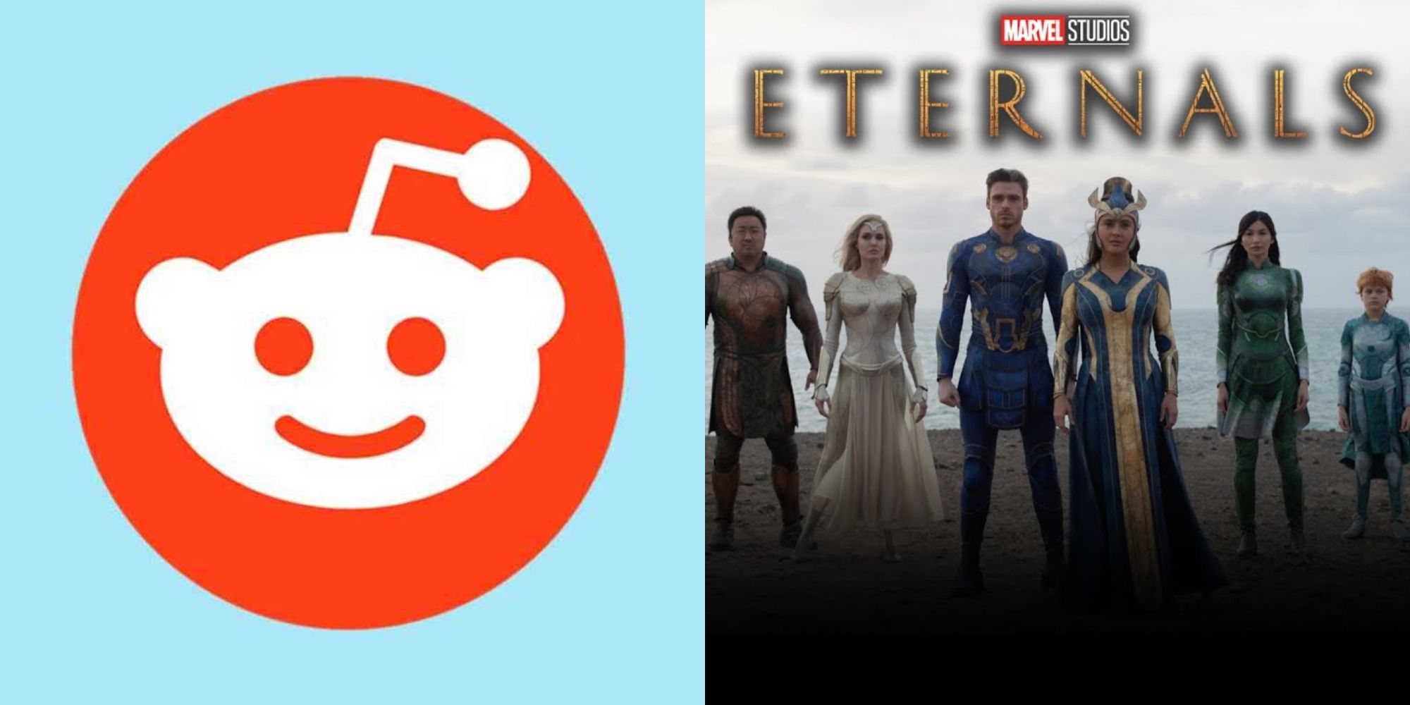 Split image showing the Reddit logo and Marvel's Eternals