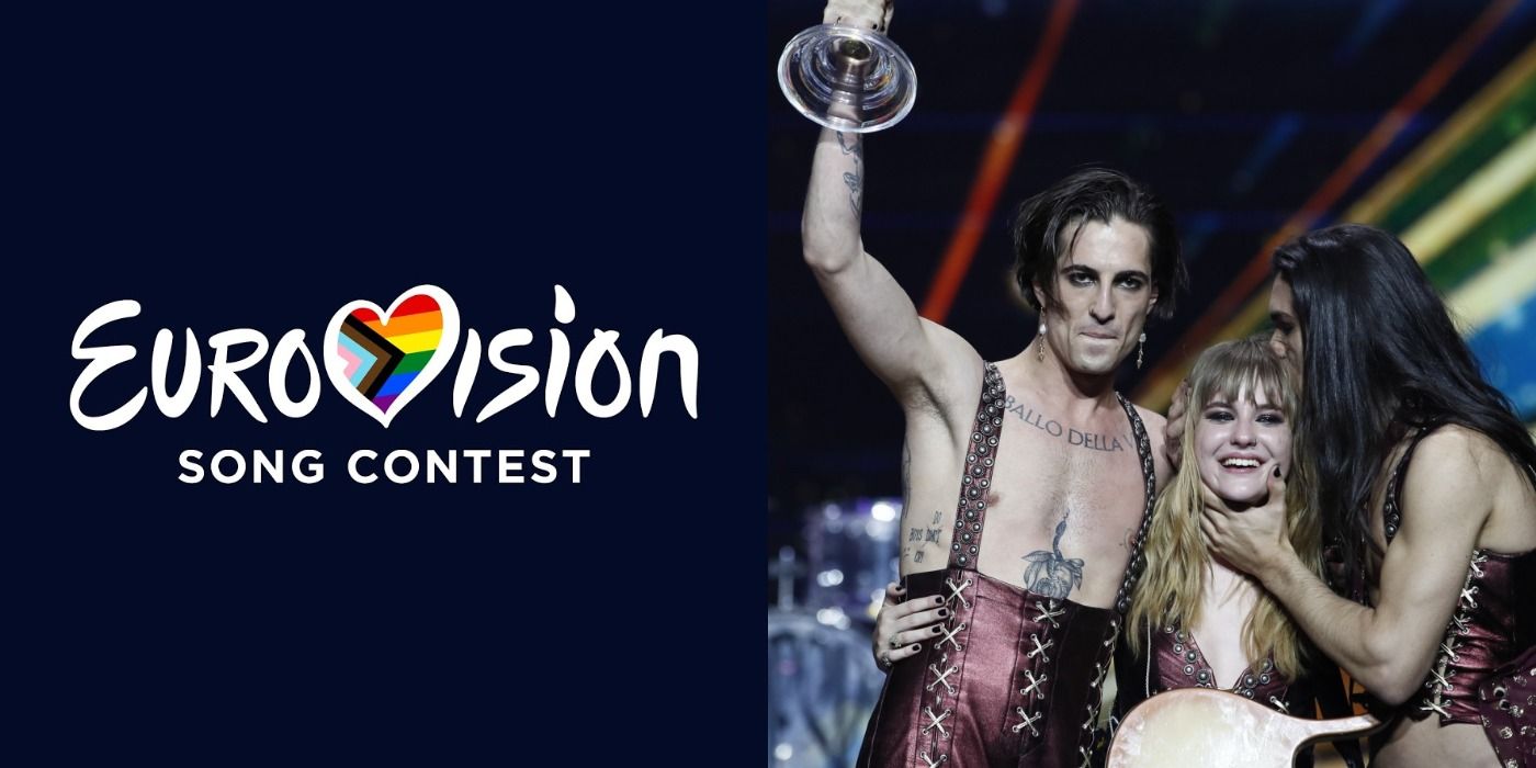 The logo for Eurovision and Maneskin hoists a trophy