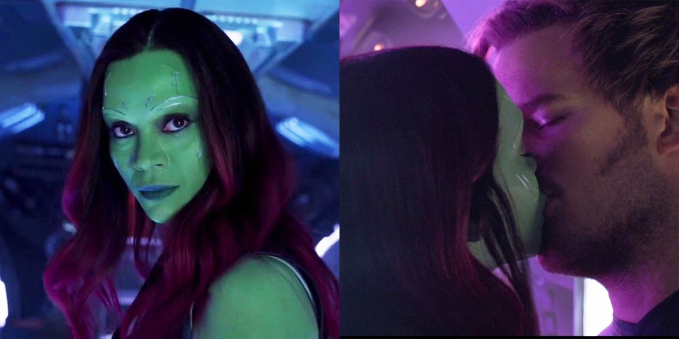 Split image of Gamora in Guardians of the Galaxy and Gemara and Peter in Avengers: Infinity War
