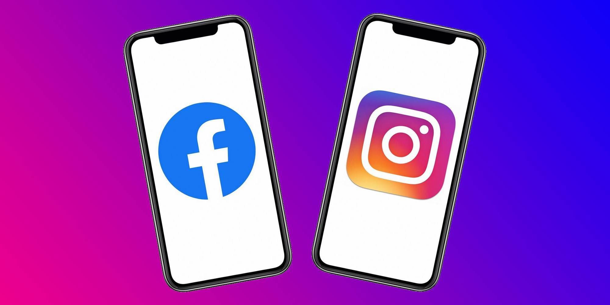 Facebook and Instagram logos on two smartphone screens against a pink, purple, and blue gradient background