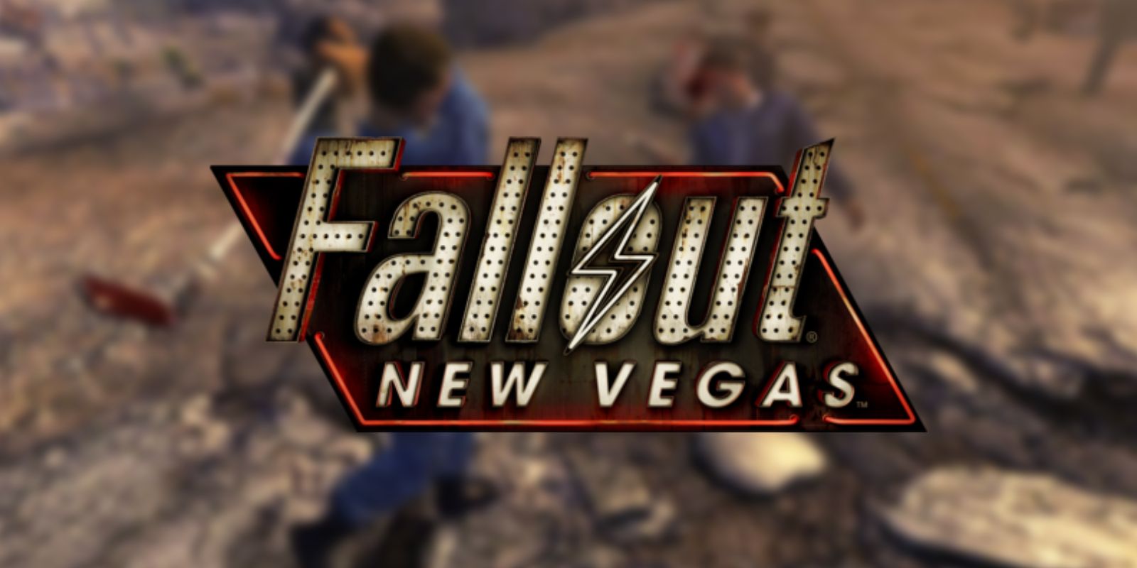 Fallout New Vegas's sign hangs over two survivors digging in the wasteland.