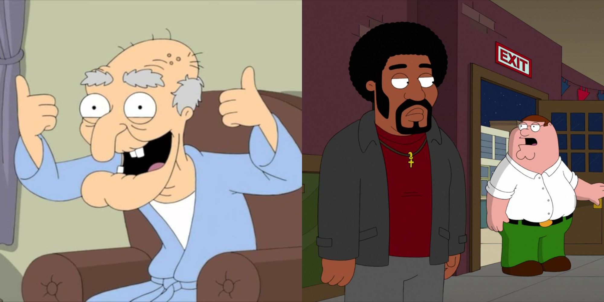 Split image showing John Herbert smiling and doing thumbs up and Jerome looking at Peter in Family Guy