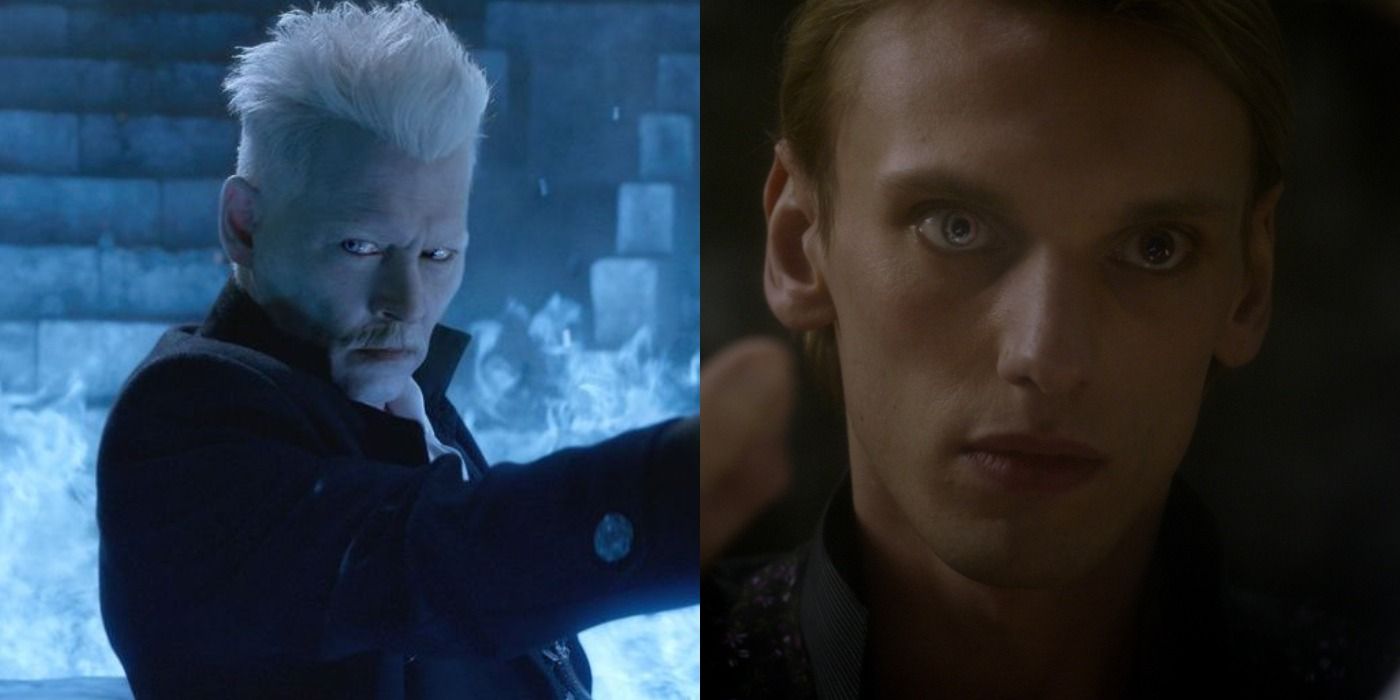 Split image: Gellert Grindelwald stands in flames/ Young Grindelwald looks in a mirror