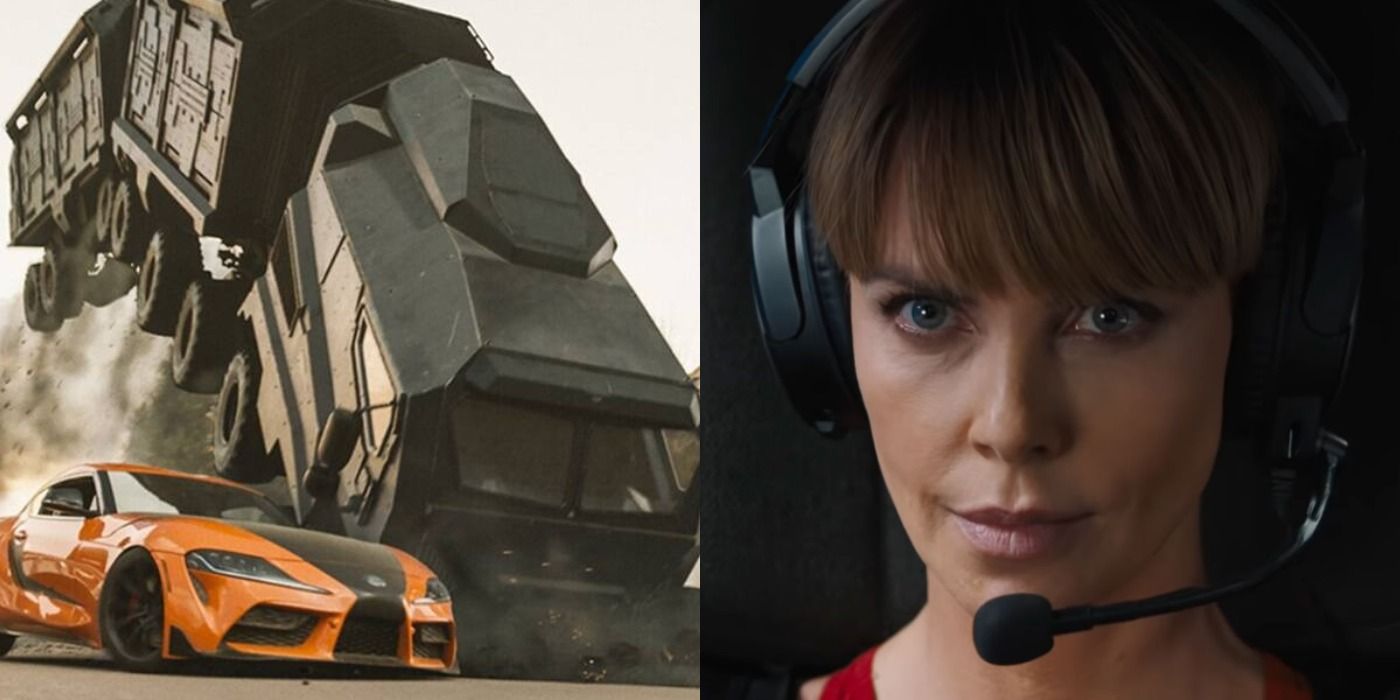 Split image: Car dodges a truck being flipped over/ Cipher wears a headset