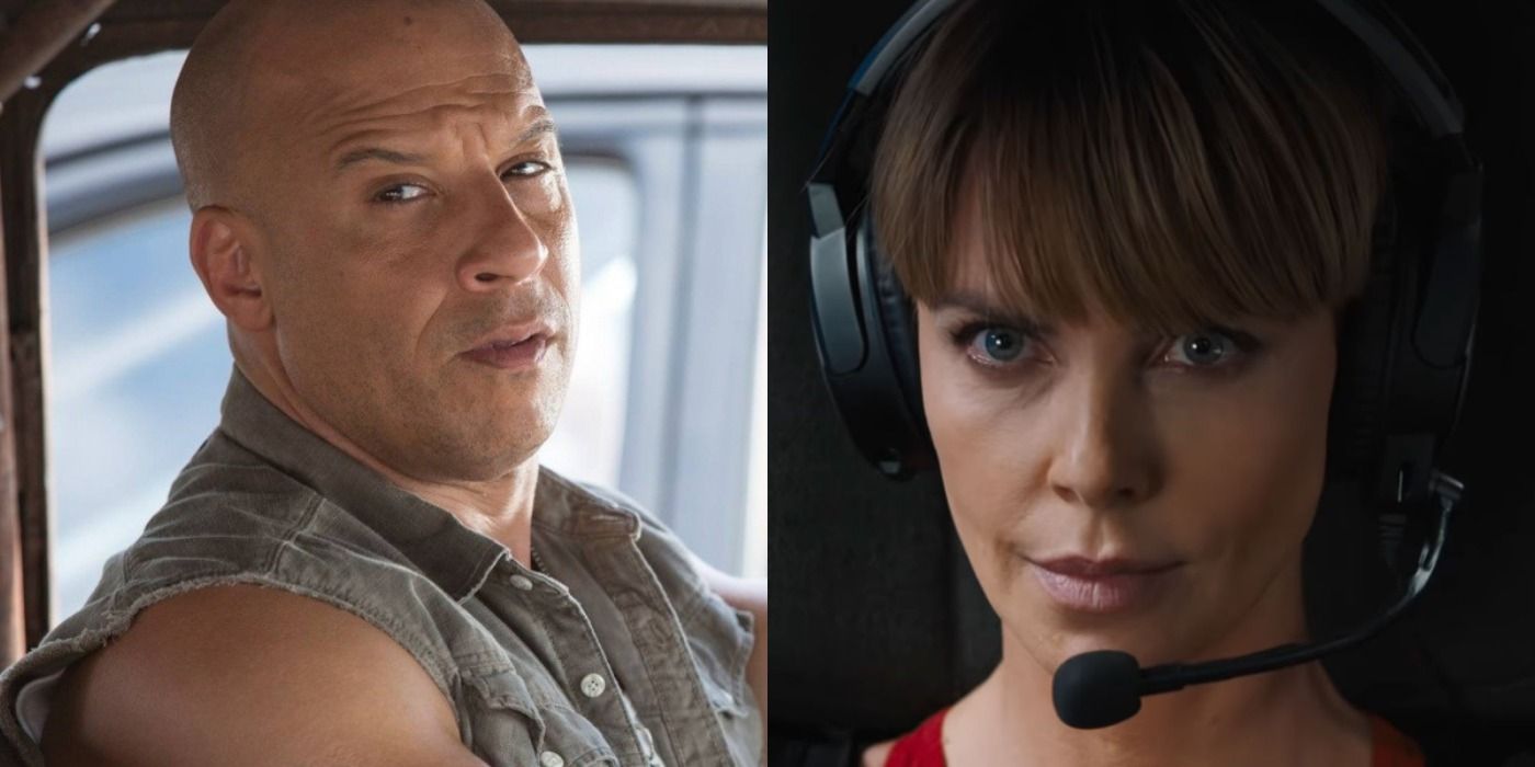 Split image: Dom looks out of his car/ Cipher wears a headset