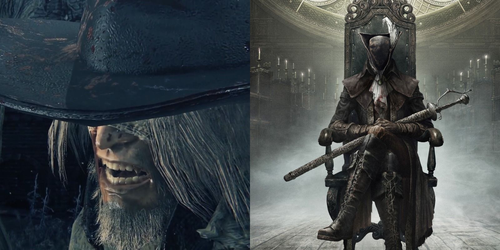 Gameplay still of Father Gascoigne and a Hunter from Bloodborne