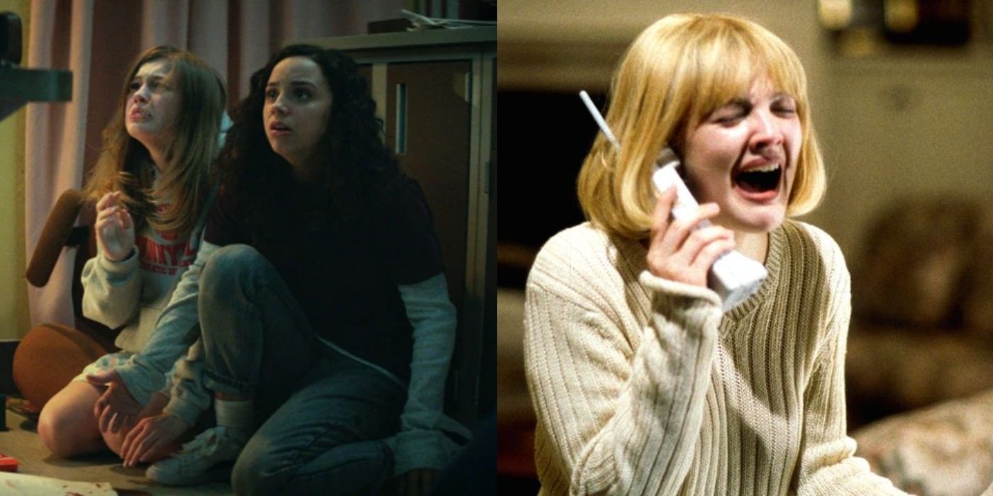 Split feautred image of Sam and Deena in Fear Street: Part One: 1994 and Casey screaming on the phone in Scream