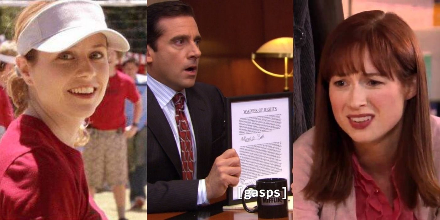 Pam in her volleyball gear, Michael holding a document and a close up of Erin in The Office