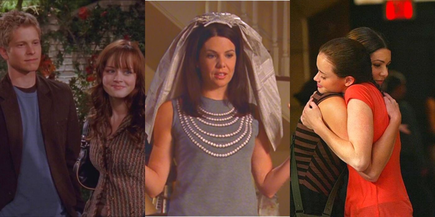 Gilmore Girls: Rory and Logan smiling; Lorelai with a veil; Rory and Lorelai hug