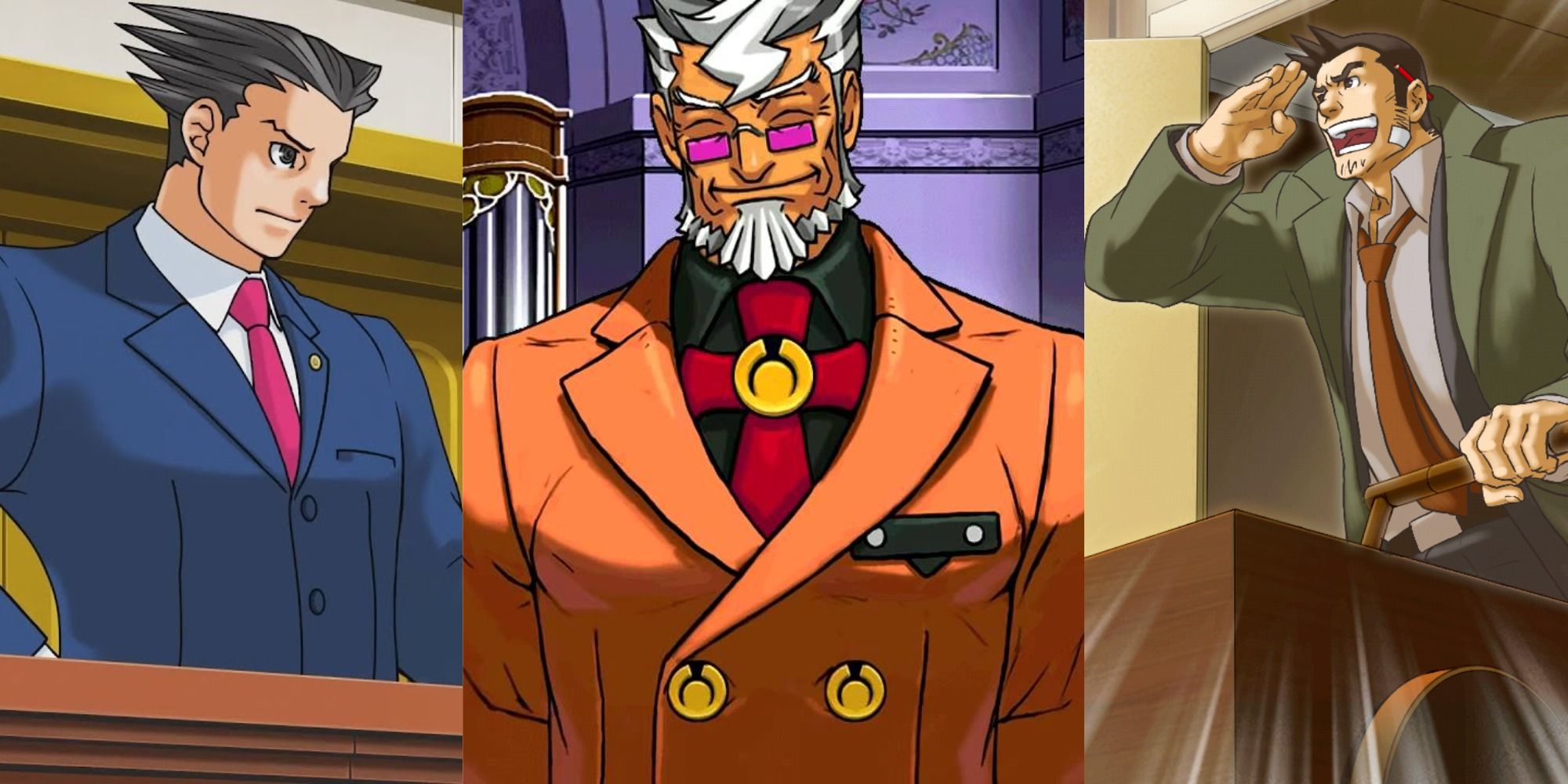 Three images side by side of Phoenix Wright, Damon Gant, and Dick Gumshoe in Ace Attorney