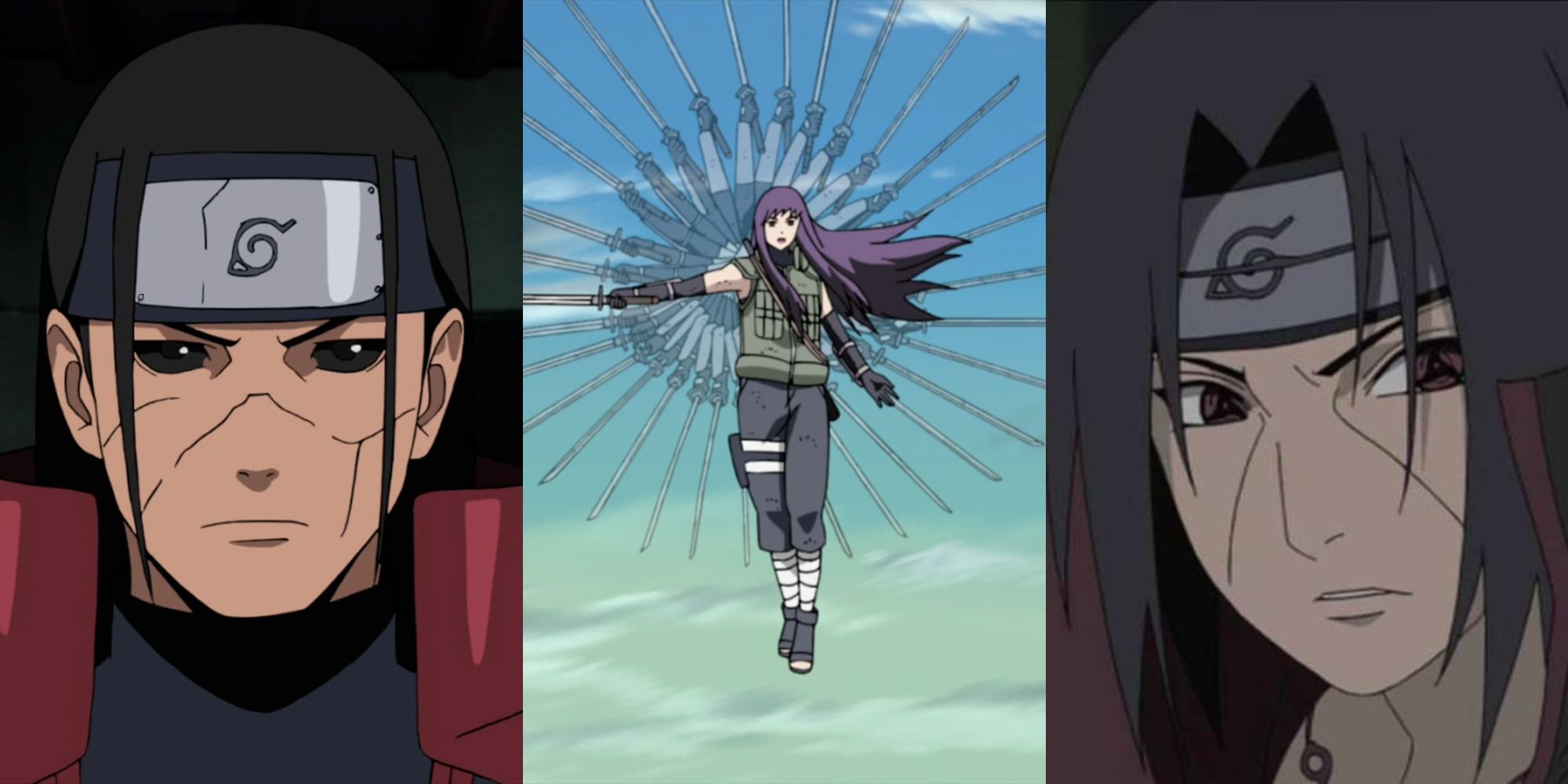 Three images side by side of resurrected Hashirama, Yugao using kenjutsu, and Itachi in Naruto