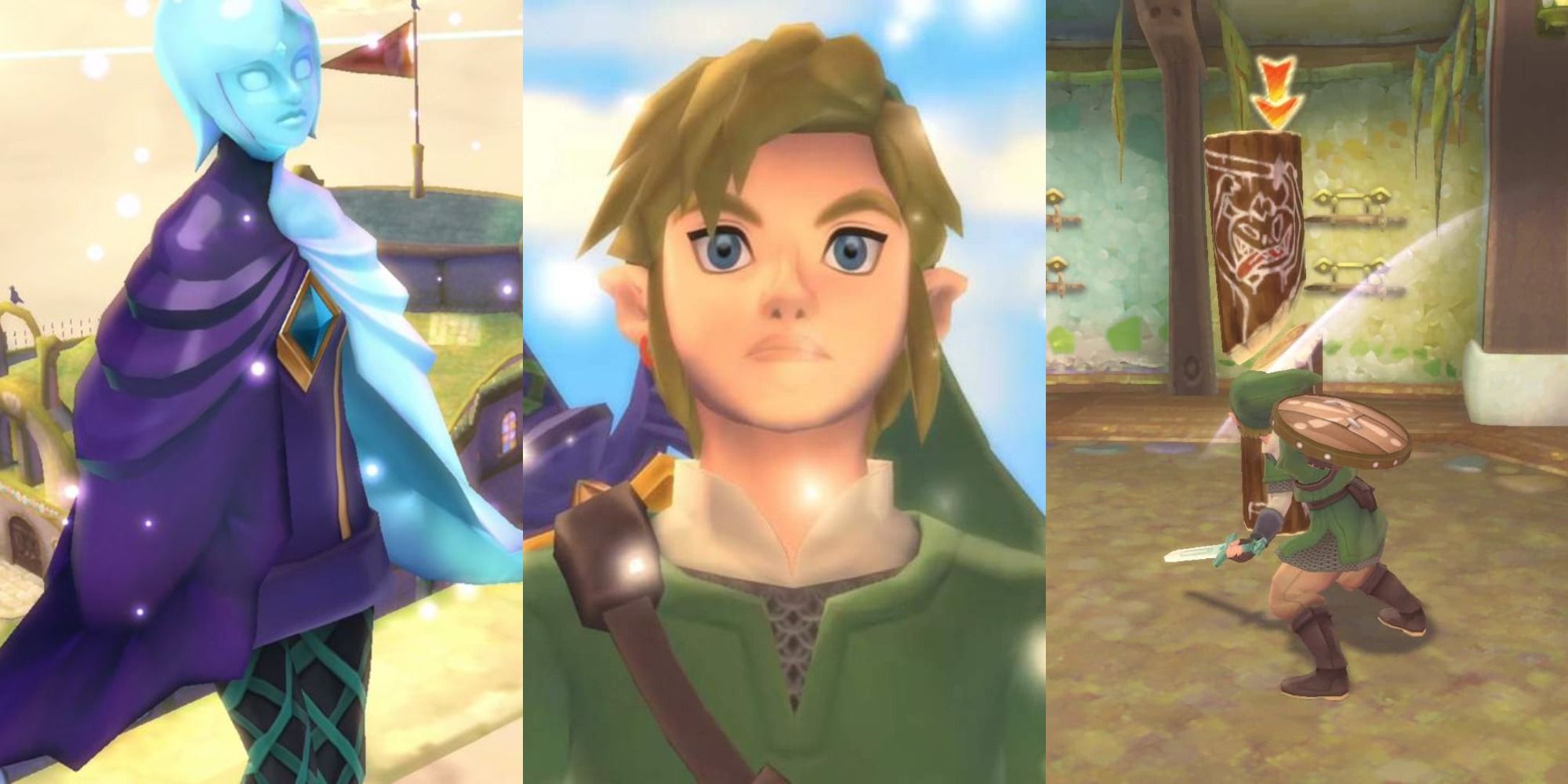 Three images side by side of Fi, Link, and Link slashing at a wooden pole with his sword in Skyward Sword