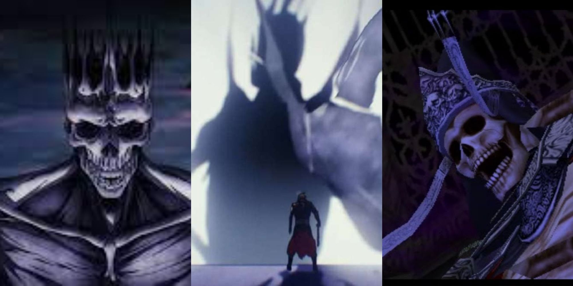 A split image of Death from the anime, Death standing in front of Trevor Belmont in the anime, and Death from the games