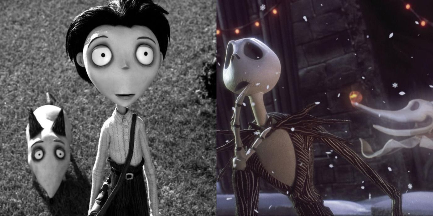 Split image Victor and Sparky in Frankenweenie and Jack Skellington Zero Nightmare Before Christmas