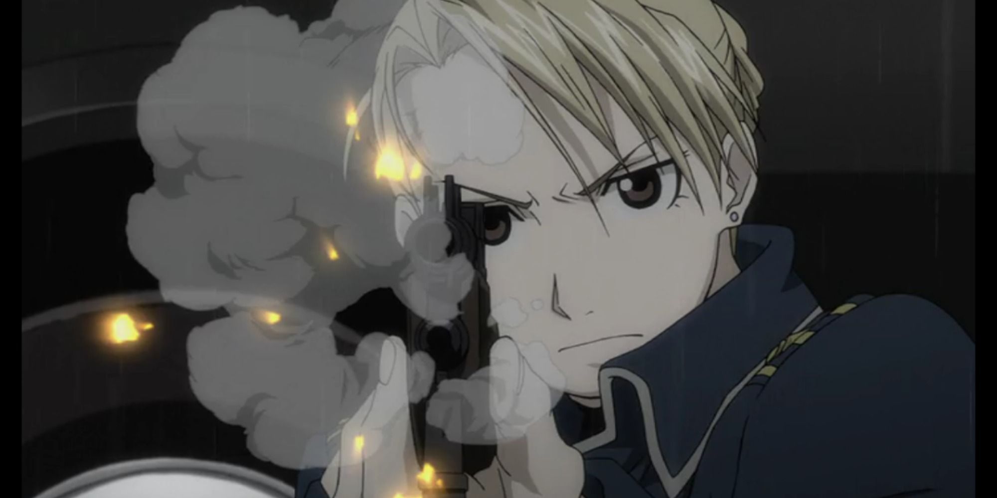 Riza frowning while firing a gun in Fullmetal Alchemist