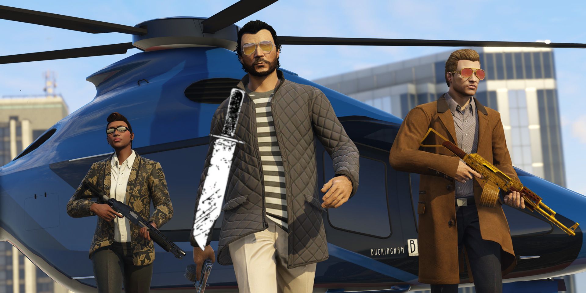 Three characters walking away from a blue helicopter in GTA Online.