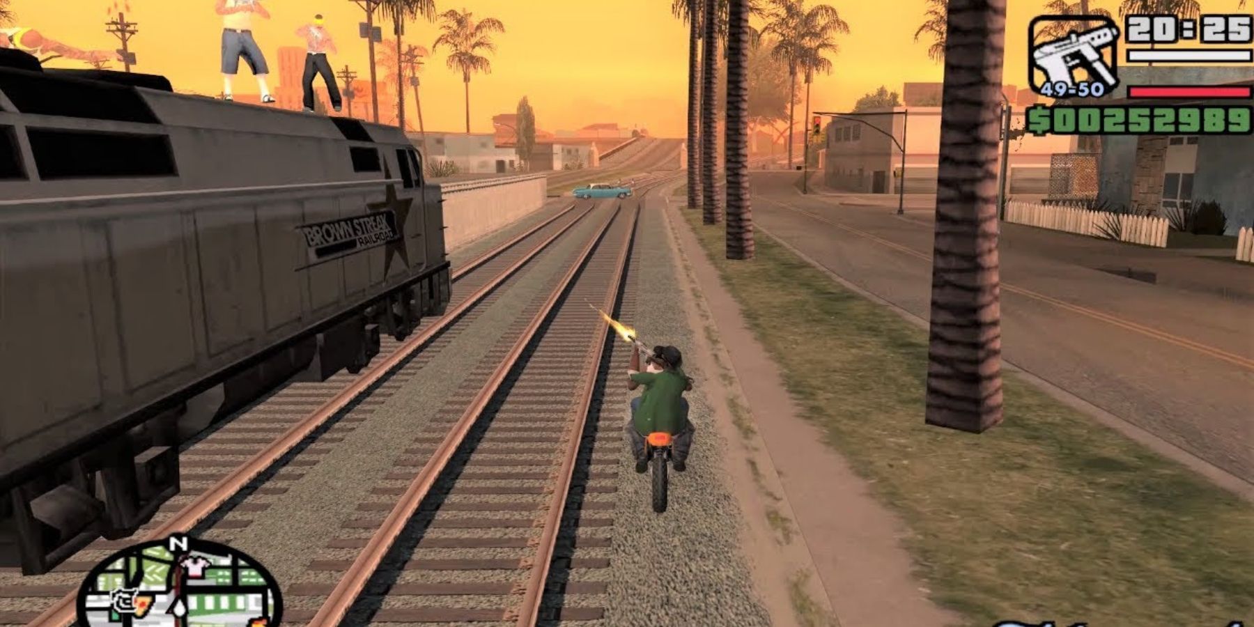 Big Smoke and CJ chase a train on a bike