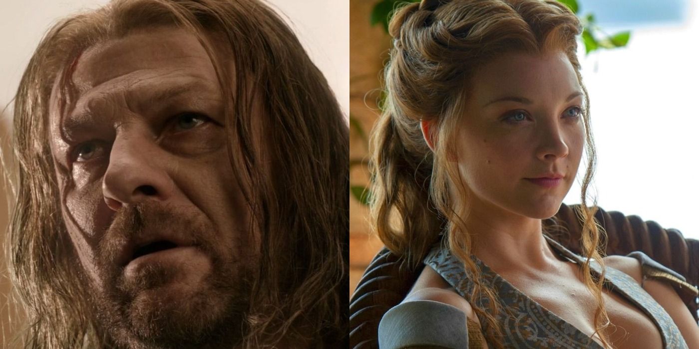 Split image Ned Stark execution and Margaery Tyrell in garden Game of Thrones