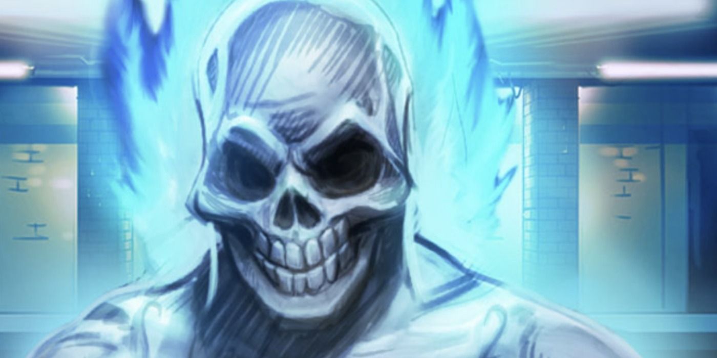 Ghost Spider glows with blue energy in Marvel Comics.