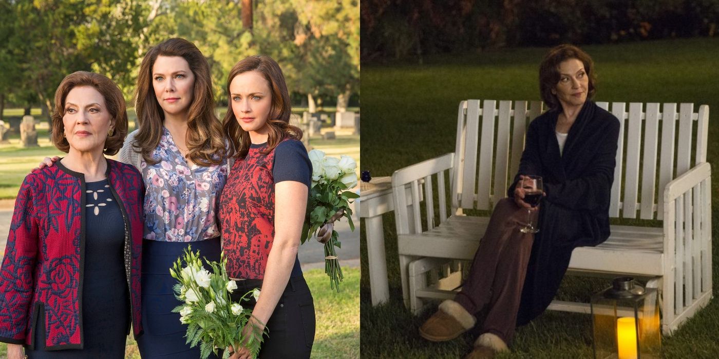 Split feaatured image of Emily, Lorelai, and Rory standing together outside and Emily sitting outside her Nantucket home on Gilmore Girls: A Year In The Life