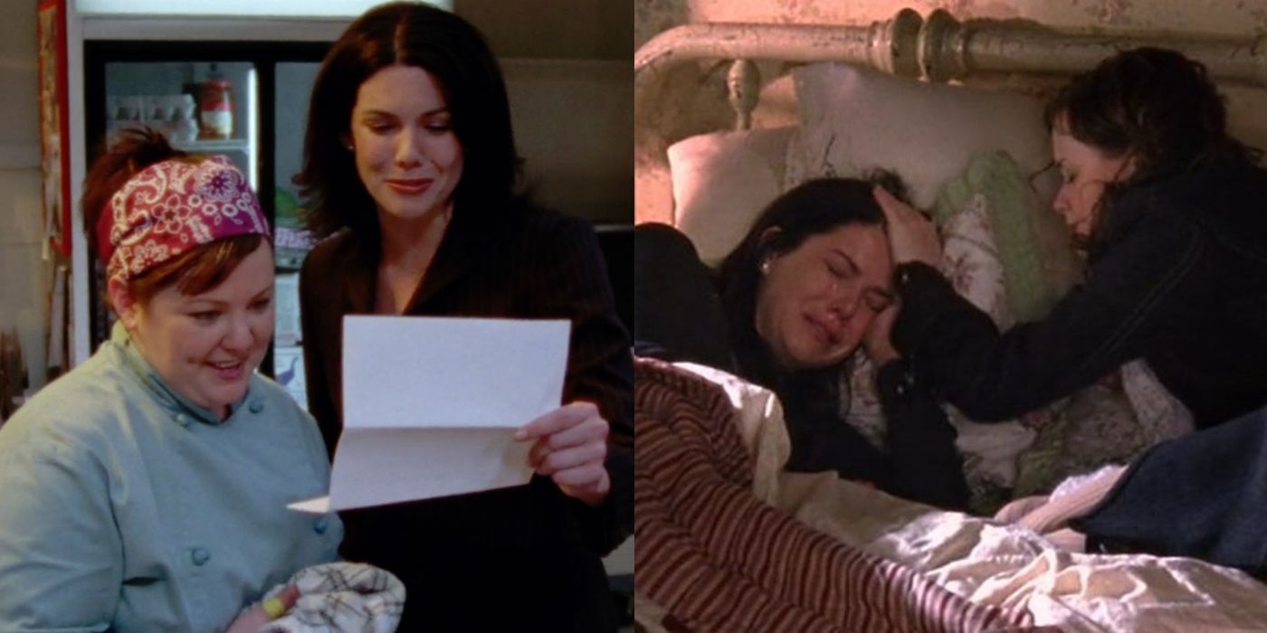Lorelai showing Sookie Rory's Chilton acceptance letter and Rory comforting a crying Lorelai on Gilmore Girls